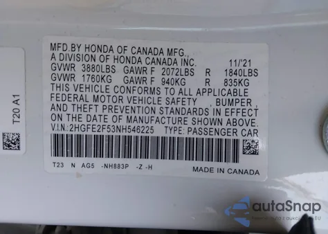 2022 Honda Civic Sport из США, поврежденный, VIN 2HGFE2F53NH546225